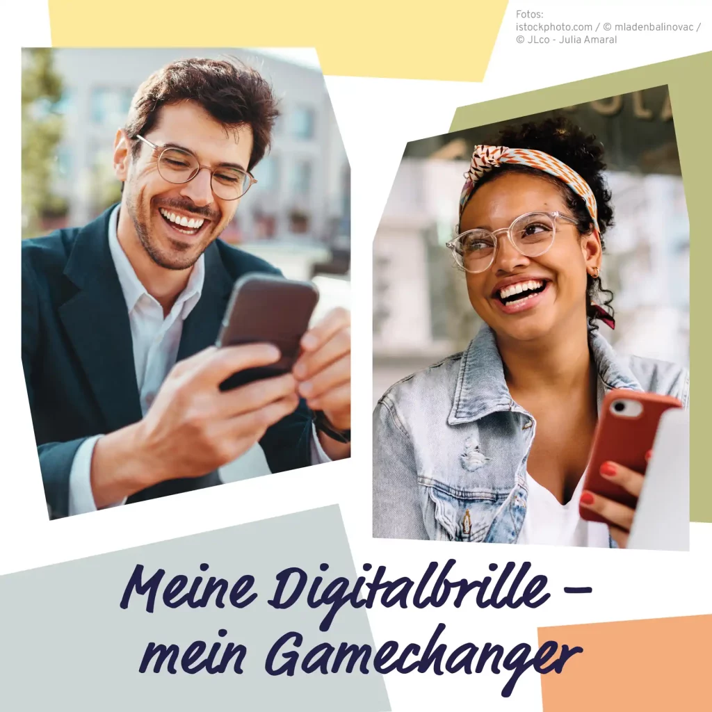 Collage: Frau und Mann mit Brille und einem Smartphone in der Hand