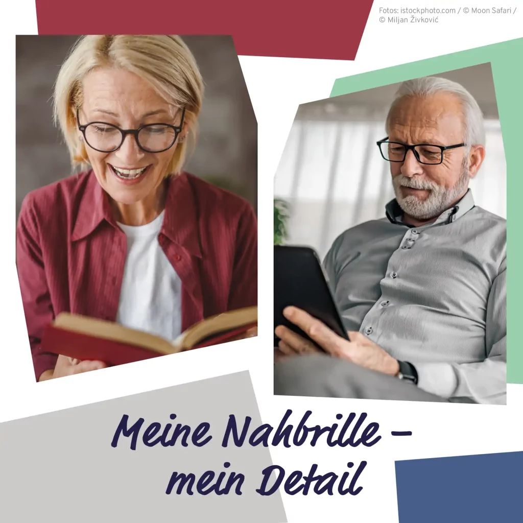 Collage: Frau mit Buch in der Hand und Mann mit Notebook in der Hand - beide tragen eine Brille