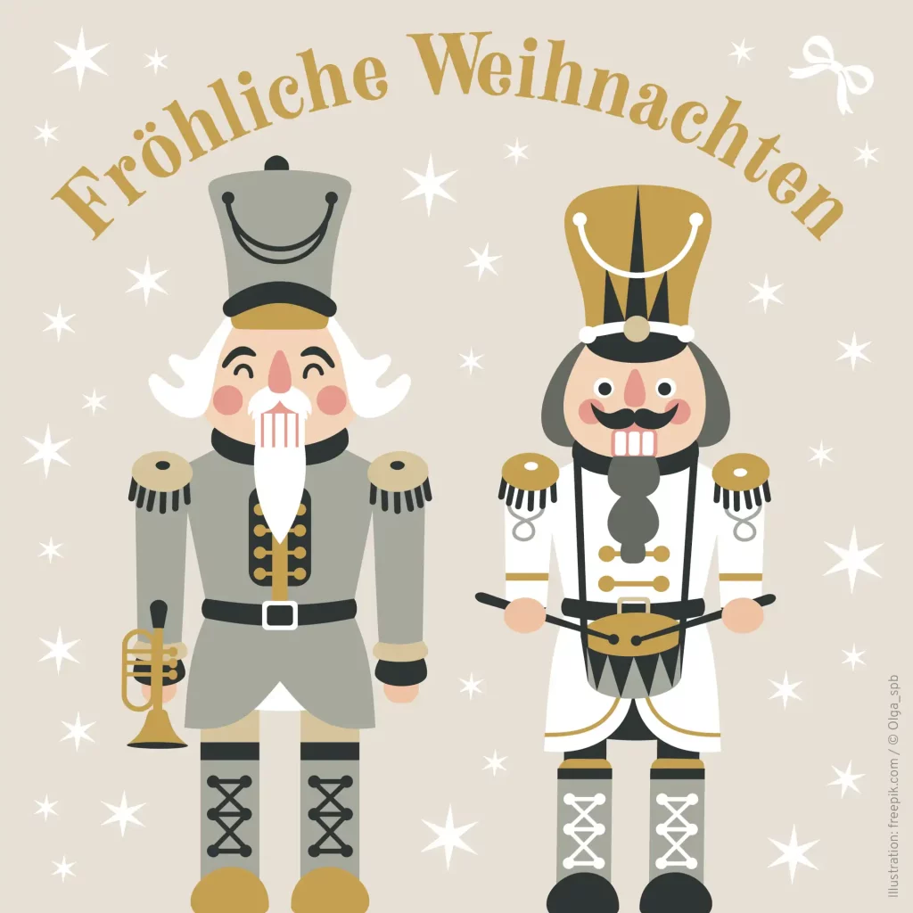 Illustration zwei Nussknacker mit dem Text Fröhliche Weihnachten