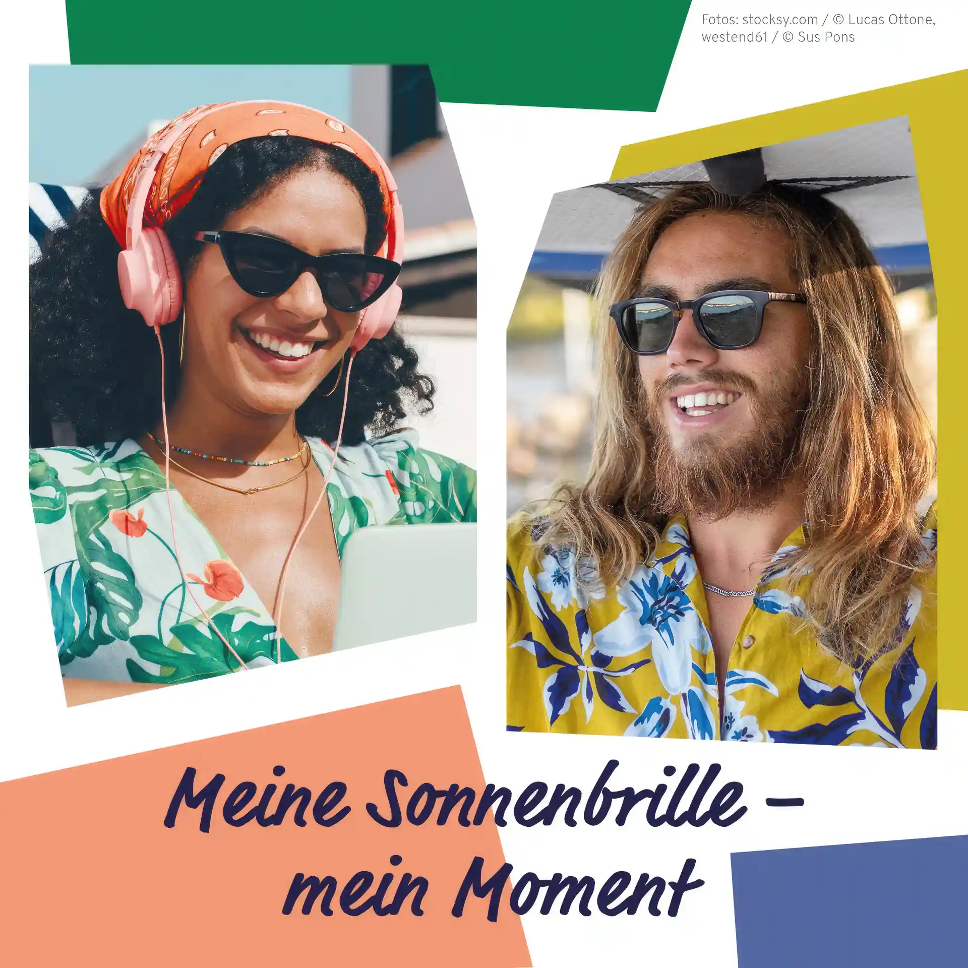 Junge Frau mit Kopftuch, Kopfhörer und Sonnenbrille - junger Mann mit langem Haar und Sonnenbrille
