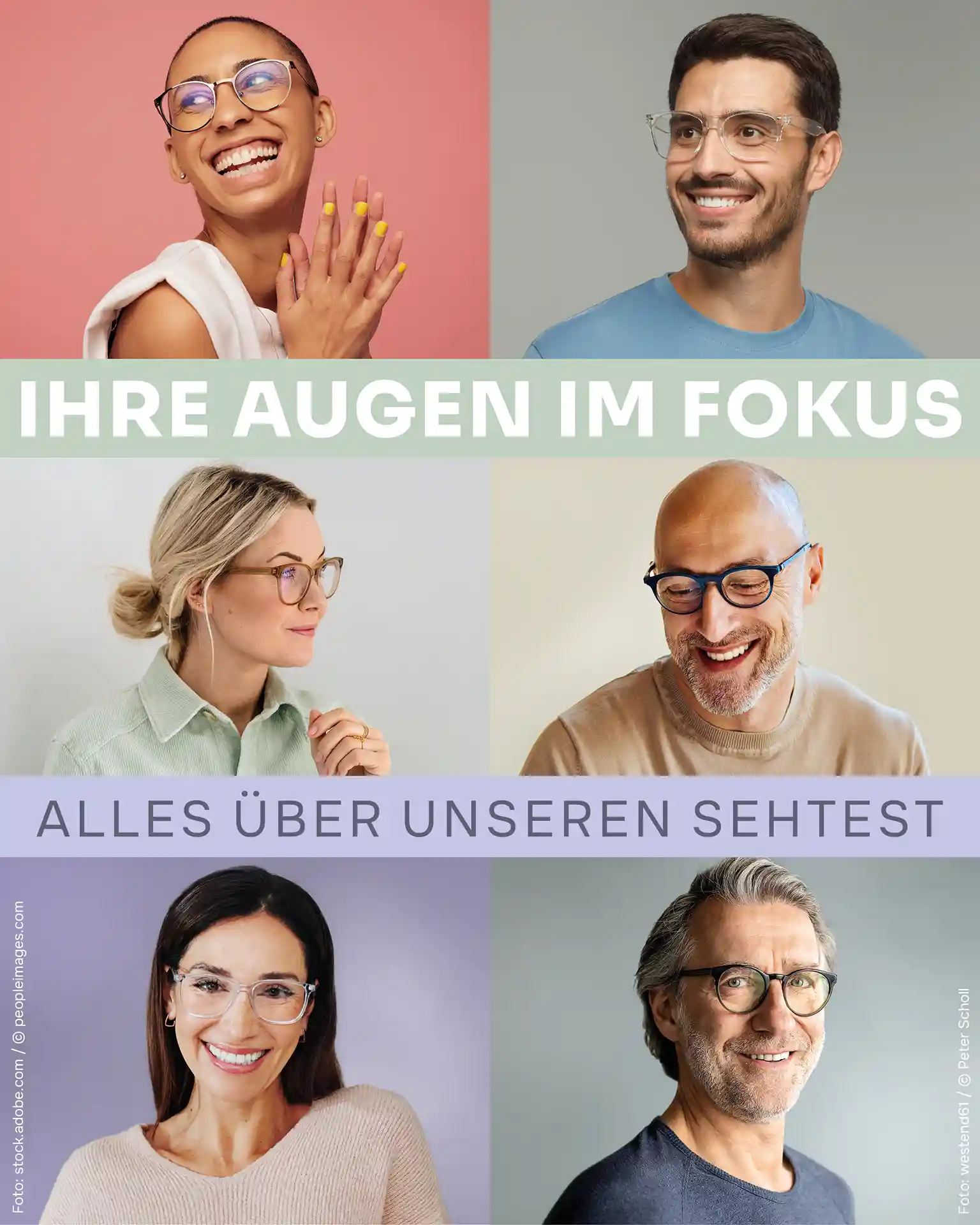 Collage mit 6 Menschen, weiblich und männlich aus jeder Altersgruppe