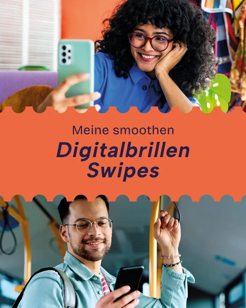 2 geteilte Collage: Im oberen Bereich junge Frau mit Brille, die lächelnd auf ihr Smartphone schaut. Unterer Bereich, junger Mann mit Brille und Bart stehend im Bus, der lächelnd auf sein Smartphone schaut.