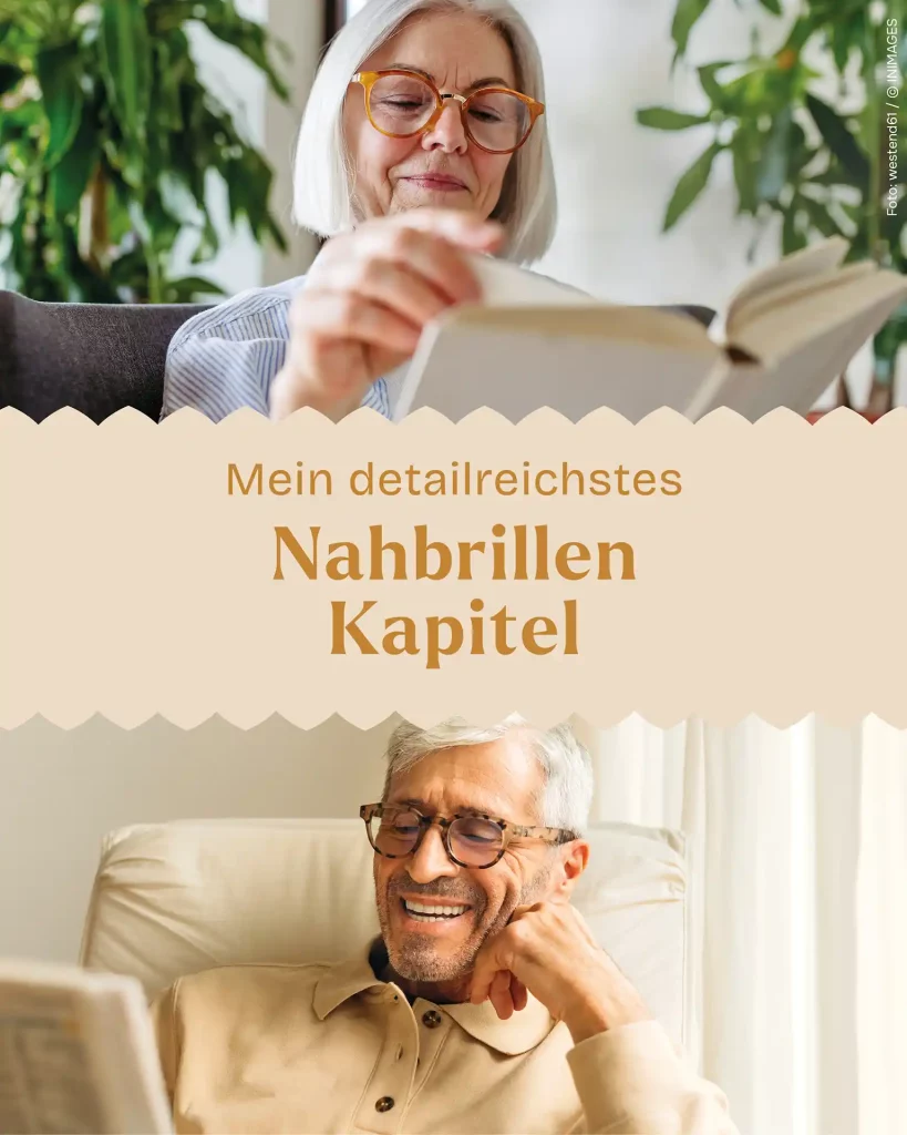 2 geteilte Collage: Im oberen Bereich Frau älteren Alters mit Brille, die ein Buch liest.