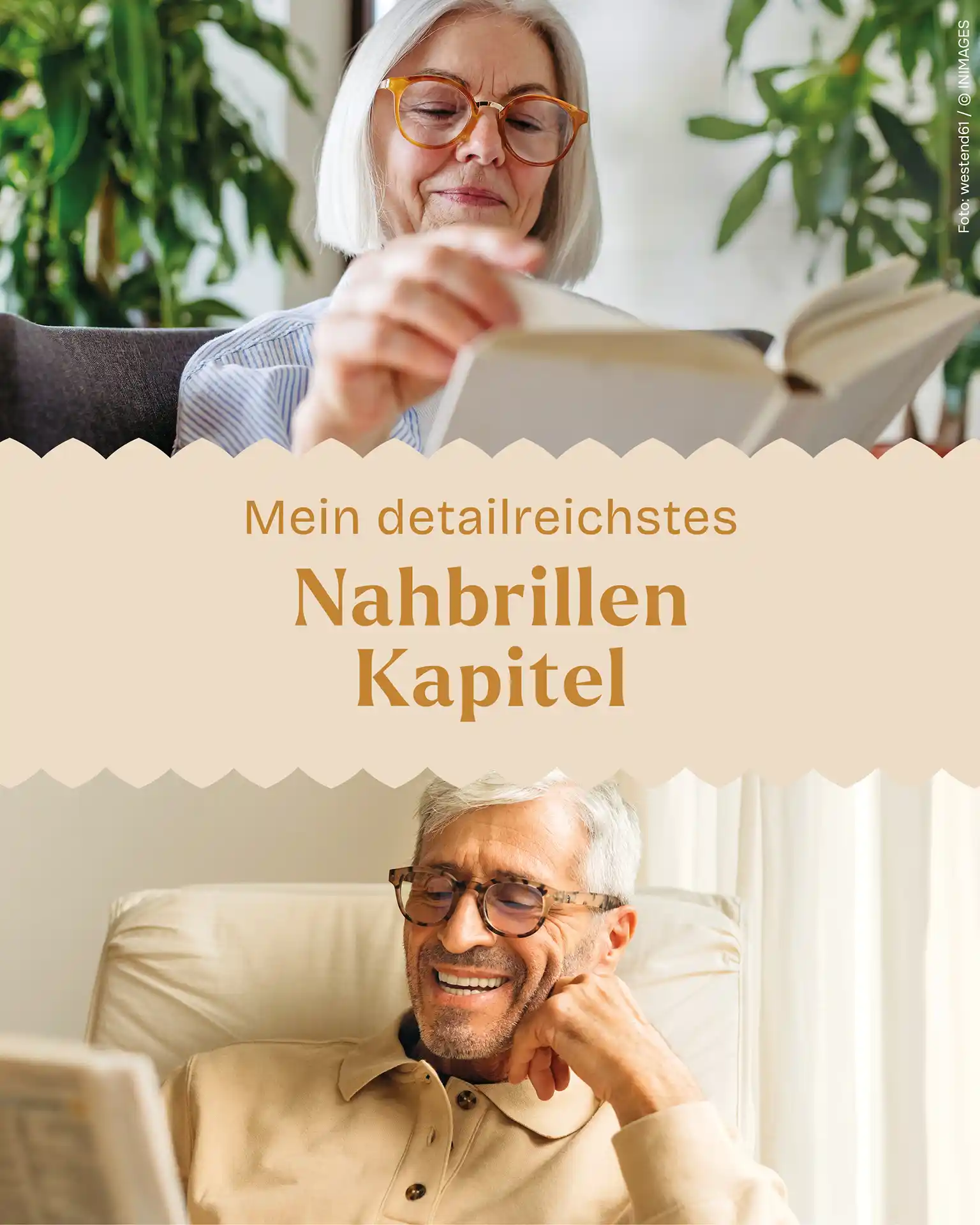 2 geteilte Collage: Im oberen Bereich Frau älteren Alters mit Brille, die ein Buch liest.