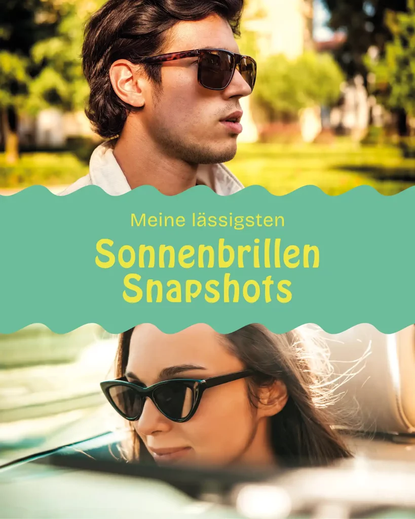 2 geteilte Collage: Im oberen Bereich junger Mann mit Sonnenbrille der nach links schaut. Im unteren Bereich junge Frau mit Sonnenbrille, die lächelnd nach vorne schaut
