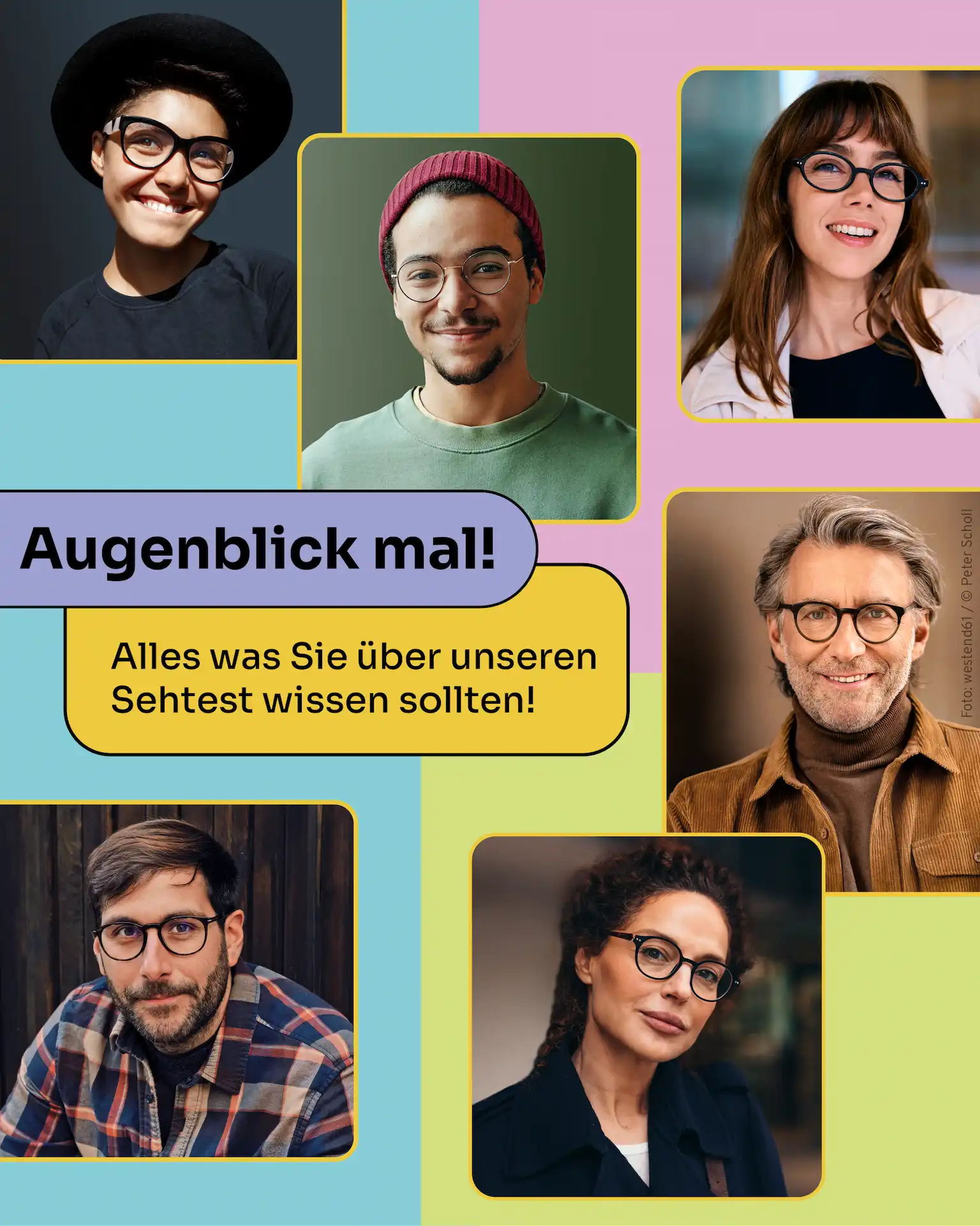 Collage mit 6 Menschen, weiblich und männlich aus jeder Altersgruppe